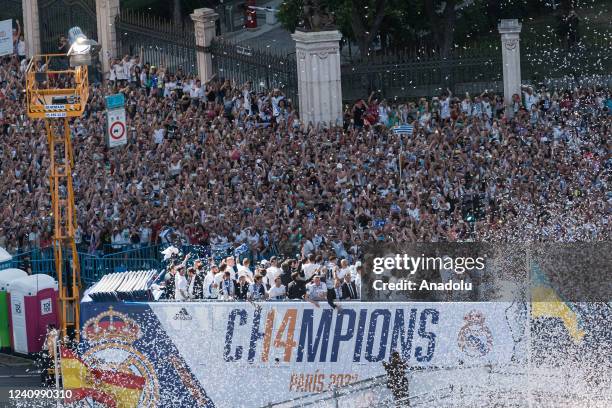 The Real Madrid team arrives by bus to the traditional celebration at Cibeles, where thousands of fans celebrate the 14th UEFA Champions League...