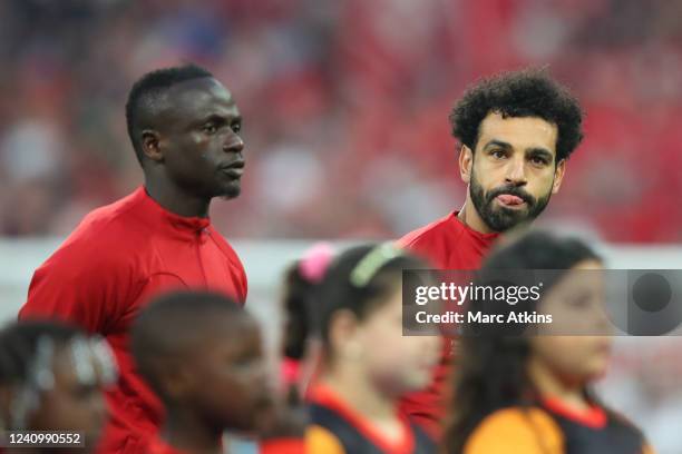 Sadio Mane and Mohamed Salah of Liverpool during the UEFA Champions League final match between Liverpool FC and Real Madrid at Stade de France on May...