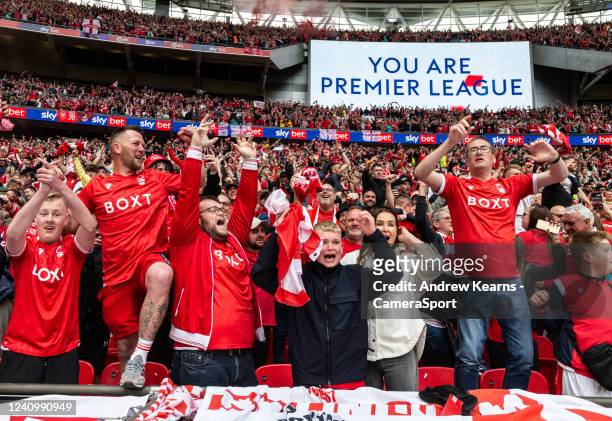 Nottingham Forest supporters celebrate winning promotion to the Premier League during the Sky Bet Championship Play-Off Final match between...