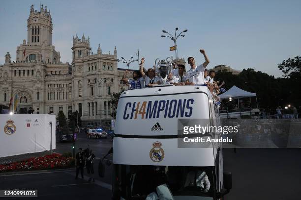 Head coach of Real Madrid Carlo Ancelotti is seen as Real Madrid team arrives by bus to the traditional celebration at Cibeles, where thousands of...