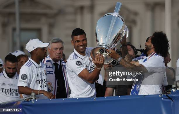Marcelo Vieira , Carlos Casemiro , head coach Carlo Ancelotti and Rodrygo of Real Madrid are seen as Real Madrid team arrives by bus to the...