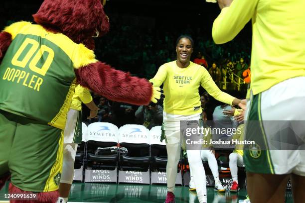 Jantel Lavender of the Seattle Storm is introduced before the game against the New York Liberty on May 29, 2022 at Climate Pledge Arena in Seattle,...