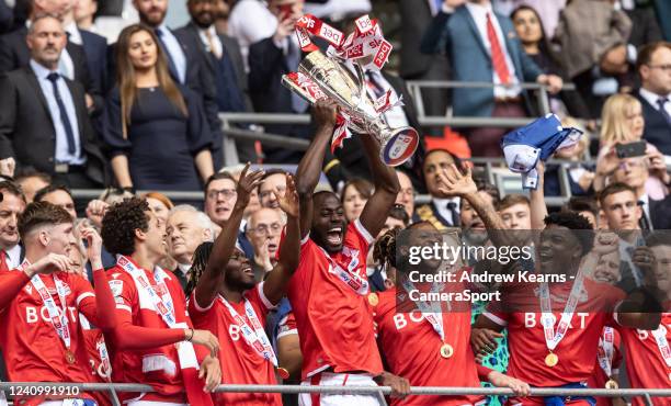 Nottingham Forest's Keinan Davis holds the trophy aloft during the Sky Bet Championship Play-Off Final match between Huddersfield Town and Nottingham...