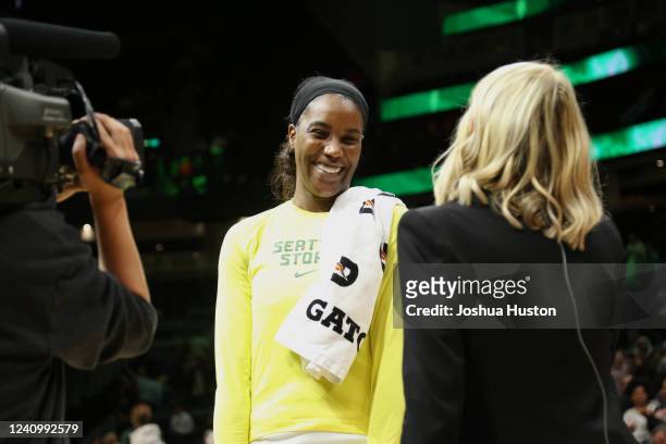 Jantel Lavender of the Seattle Storm talks to the media after the game against the New York Liberty on May 29, 2022 at Climate Pledge Arena in...