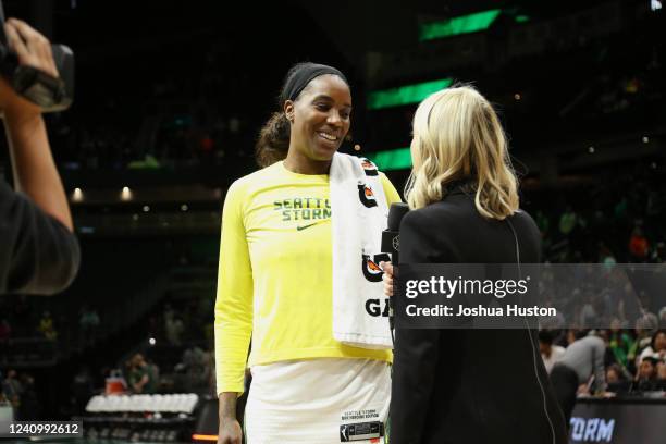 Jantel Lavender of the Seattle Storm talks to the media after the game against the New York Liberty on May 29, 2022 at Climate Pledge Arena in...