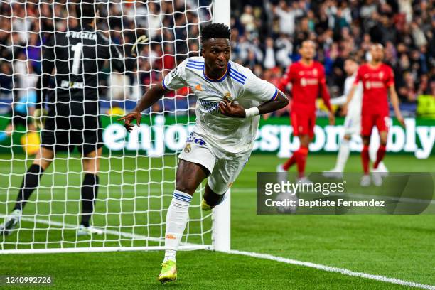 Vinicius JUNIOR of Real Madrid celebrates his goal during the Final UEFA Champions League match between Liverpool and Real Madrid at Stade de France...