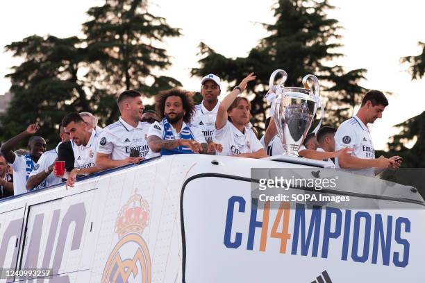 Real Madrid players arrive at the traditional celebration at Cibeles, where thousands of fans celebrate the 14th UEFA Champions League victory in...