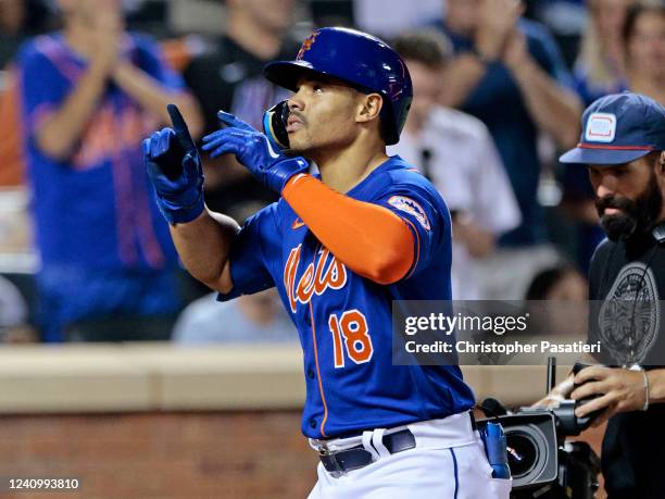 Nick Plummer of the New York Mets reacts after hitting a game tying homerun in the bottom of the ninth inning against the Philadelphia Phillies at...