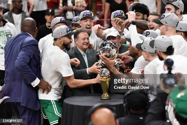Boston Celtics co-owners Stephen Pagliuca and Wycliffe Grousbeck celebrate with the Boston Celtics after winning Game 7 of the 2022 NBA Playoffs...
