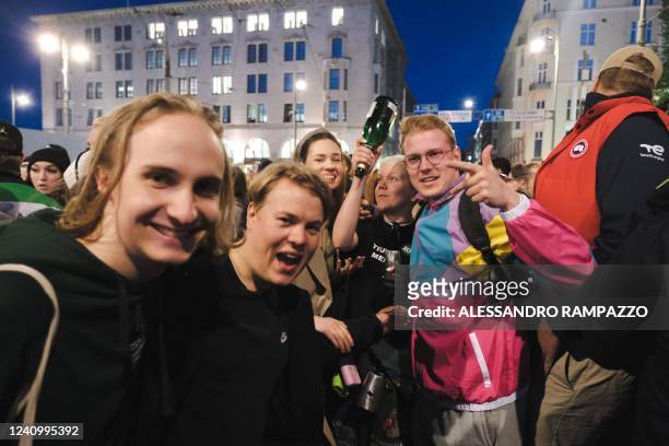 Ice hockey fans and revellers crowd the Kauppatori square in Helsinki on May 29 to celebrate Finland winning the 2022 Ice Hockey World Championship...
