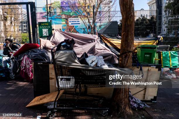 The homeless have setup an encampment against the gates of Boeddeker Park within the Tenderloin neighborhood in San Francisco, California Wednesday...