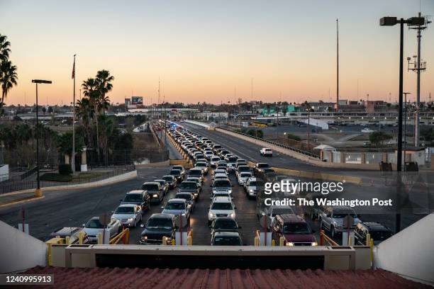 Cars are seen on Puente International Bridge as they make their way into the United States from Mexico at the Laredo Port of Entry in Laredo, Texas,...