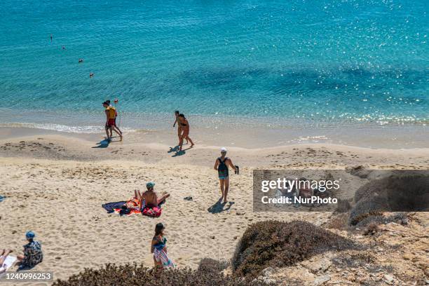 Famous Elia Beach in Mykonos Island, Cyclades, Aegean Sea in Greece, on October 10, 2021. Located on the south coast of the Mediterranean island of...