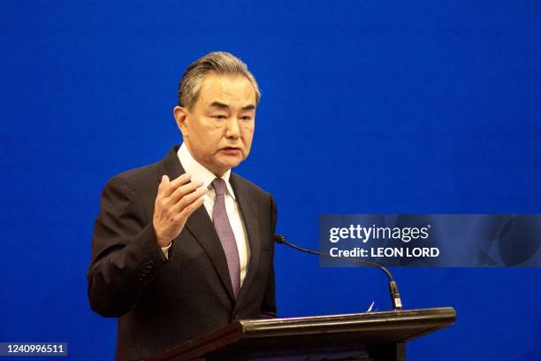 Chinese Foreign Minister Wang Yi speaks during a joint press conference with Fijian Prime Minister Frank Bainimarama in Fiji's capital city Suva.