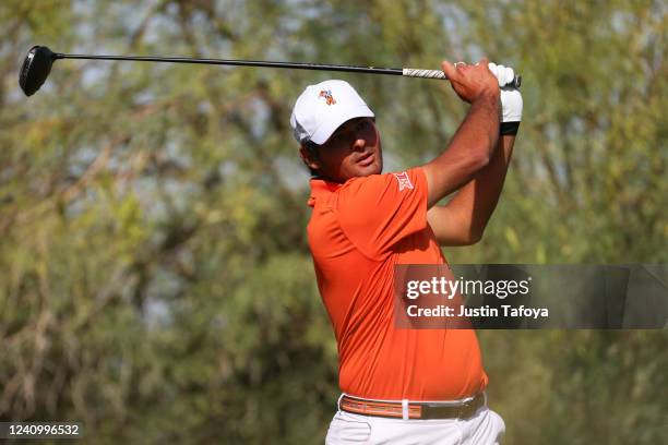 Eugenio Lopez-Chacarra of the Oklahoma State Cowboys tees off during the Division I Men's Golf Championship held at the Grayhawk Golf Club on May 29,...