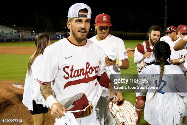 Stanford Cardinal Outfielder Brock Jones celebrates after winning the PAC-12 Baseball Championship game between the Stanford Cardinal and the Oregon...