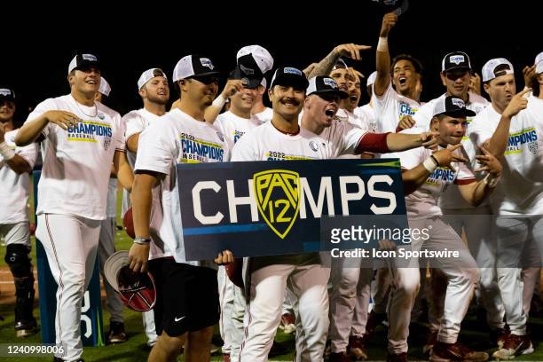 Stanford Cardinal Equipment Manger Frankie Manca hold the PAC-12 Champs signs after winning the PAC12 Baseball Championship game between the Stanford...