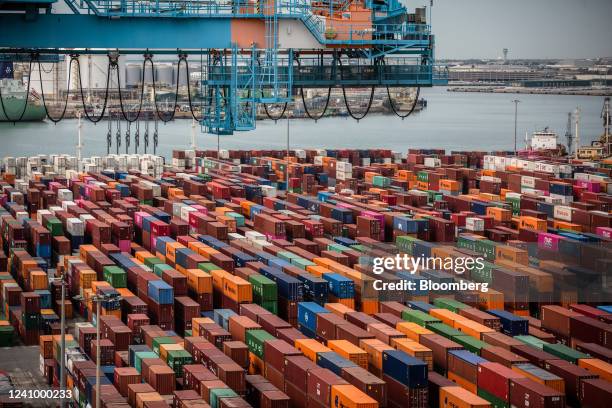 Stacks of shipping containers dockside at the Muelle Sur terminal, operated by APM Terminals, at the Port of Barcelona in Barcelona, Spain, on...