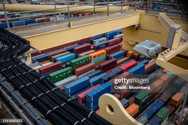 Shipping containers dockside at the Muelle Sur terminal, operated by APM Terminals, at the Port of Barcelona in Barcelona, Spain, on Friday, May 27,...