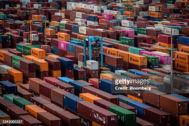 Shipping containers at the Muelle Sur terminal, operated by APM Terminals, at the Port of Barcelona in Barcelona, Spain, on Friday, May 27, 2022....