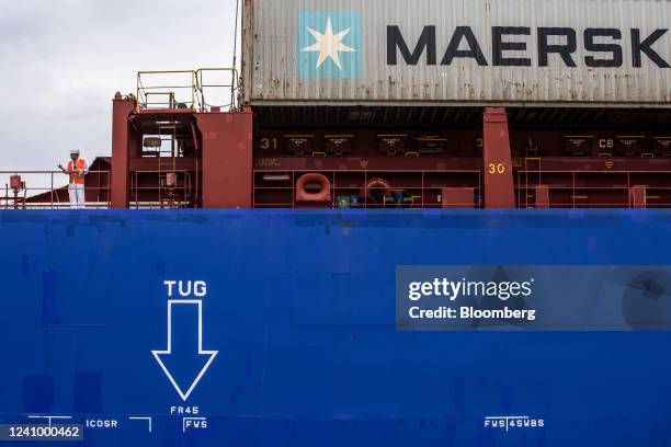 Shipping container onboard a vessel docked at the Muelle Sur terminal, operated by APM Terminals, at the Port of Barcelona in Barcelona, Spain, on...