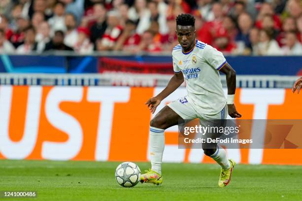 Vinicius Junior of Real Madrid CF controls the ball during the UEFA Champions League final match between Liverpool FC and Real Madrid at Stade de...