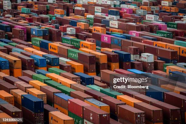 Stacks of shipping containers at the Muelle Sur terminal, operated by APM Terminals, at the Port of Barcelona in Barcelona, Spain, on Friday, May 27,...
