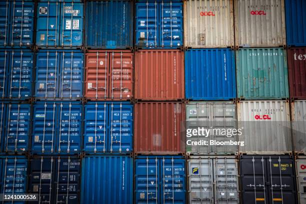 Shipping containers stacked at the Muelle Sur terminal, operated by APM Terminals, at the Port of Barcelona in Barcelona, Spain, on Friday, May 27,...