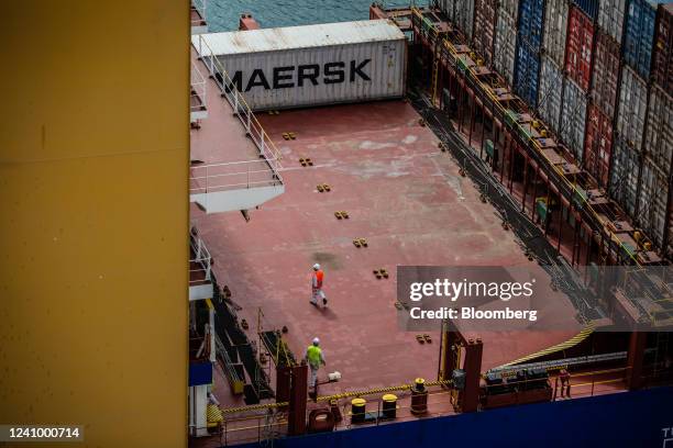 Shipping containers on a vessel docked at the Muelle Sur terminal, operated by APM Terminals, at the Port of Barcelona in Barcelona, Spain, on...