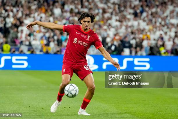 Trent Alexander-Arnold of Liverpool FC controls the ball during the UEFA Champions League final match between Liverpool FC and Real Madrid at Stade...
