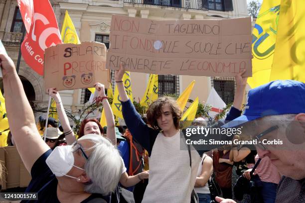 Students join the protest and school strike against the government's DL36 decree reforming teacher recruitment and training on May 30, 2022 in Rome,...