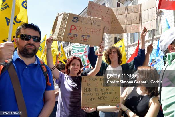 Students join the protest and school strike against the government's DL36 decree reforming teacher recruitment and training on May 30, 2022 in Rome,...