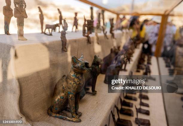 Statuettes and figurines depicting cats and Egyptian deities found in a cache dating to the Egyptian Late Period are displayed after their discovery...