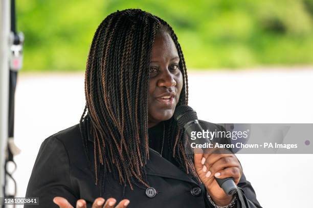 Marsha de Cordova gives a speech after a tree planting and plaque unveiling ceremony for the 50th anniversary of the Battersea Park Big Dipper...