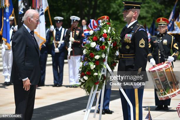 President Joe Biden participates in a wreath laying ceremony at the Tomb of the Unknown Soldier in honor of Memorial Day at Arlington National...