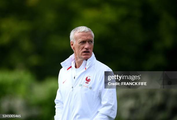 France's head coach Didier Deschamps looks on during a training session in Clairefontaine-en-Yvelines on May 30, 2022 as part of the team's...