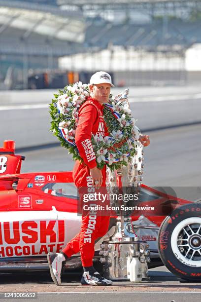 Marcus Ericsson poses for a photo with the Borg Warner Trophy on May 30 after winning the106th running of the Indianapolis 500 at the Indianapolis...