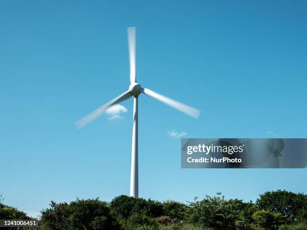 Wind farm of 8 wind turbines near the town of Goulien, in Brittany in Finistère, in 2018, the repowering of these wind turbines was operated by...