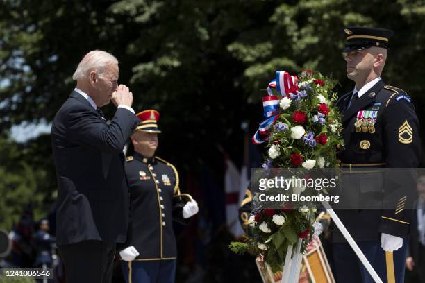 President Joe Biden participates in a wreath laying ceremony at the Tomb of the Unknown Soldier at Arlington National Cemetery on Memorial Day at...