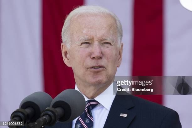 President Joe Biden speaks during a Memorial Day address at Arlington National Cemetery in Arlington, Virginia, US, on Monday, May 30, 2022. Fresh...