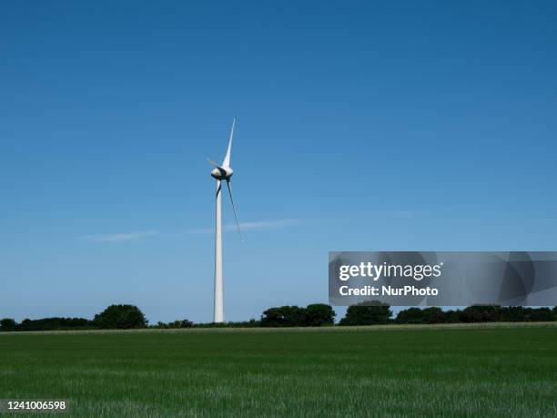 Wind farm of 8 wind turbines near the town of Goulien, in Brittany in Finistère, in 2018, the repowering of these wind turbines was operated by...