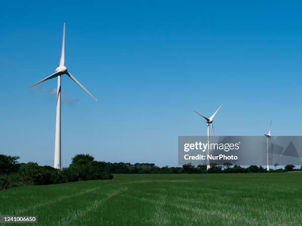 Wind farm of 8 wind turbines near the town of Goulien, in Brittany in Finistère, in 2018, the repowering of these wind turbines was operated by...
