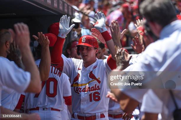 Nolan Gorman of the St. Louis Cardinals is congratulated after hitting a two-run home run against the San Diego Padres during the third inning at...