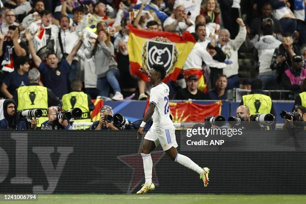 Vinicius Junior of Real Madrid celebrates the 0-1 during the UEFA Champions League final match between Liverpool FC and Real Madrid at Stade de Franc...