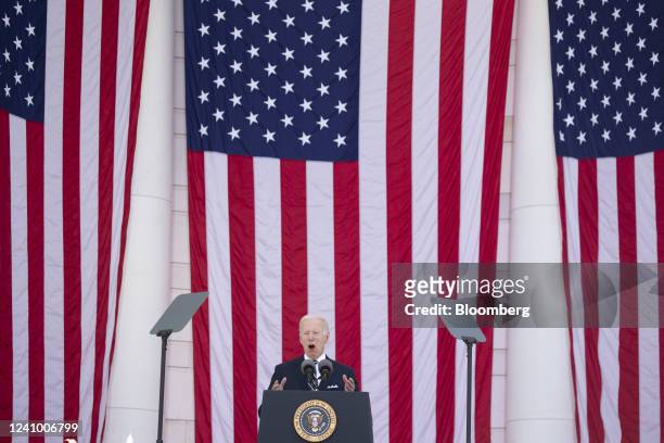President Joe Biden speaks during a Memorial Day address at Arlington National Cemetery in Arlington, Virginia, US, on Monday, May 30, 2022. Fresh...