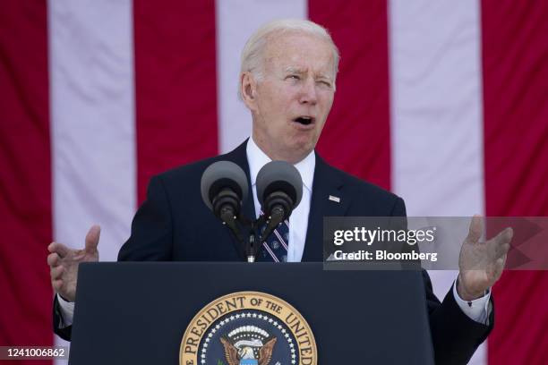 President Joe Biden speaks during a Memorial Day address at Arlington National Cemetery in Arlington, Virginia, US, on Monday, May 30, 2022. Fresh...