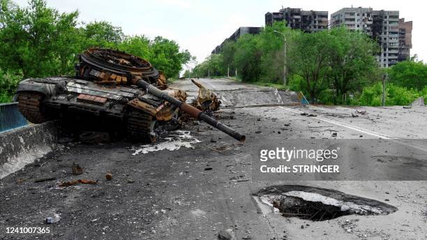 Destroyed tank is pictured in Mariupol on May 30 amid the ongoing Russian military action in Ukraine.