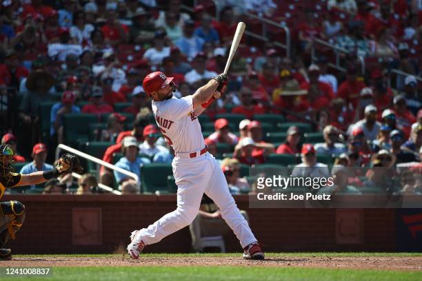 Paul Goldschmidt of the St. Louis Cardinals hits a two-run home run against the San Diego Padres in the seventh inning at Busch Stadium on May 30,...