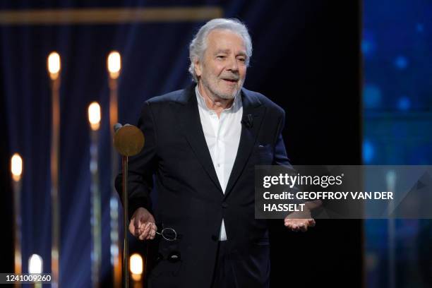 French actor Pierre Arditi delivers a speech as he presents the Moliere of the Female and Male Revelation during the ceremony for the 33rd Molieres...