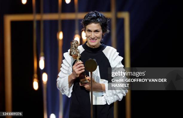 French actress Clotilde Hesme receives the Best Actress in a public play Moliere for "Stallone" during the ceremony for the 33rd Molieres award, the...